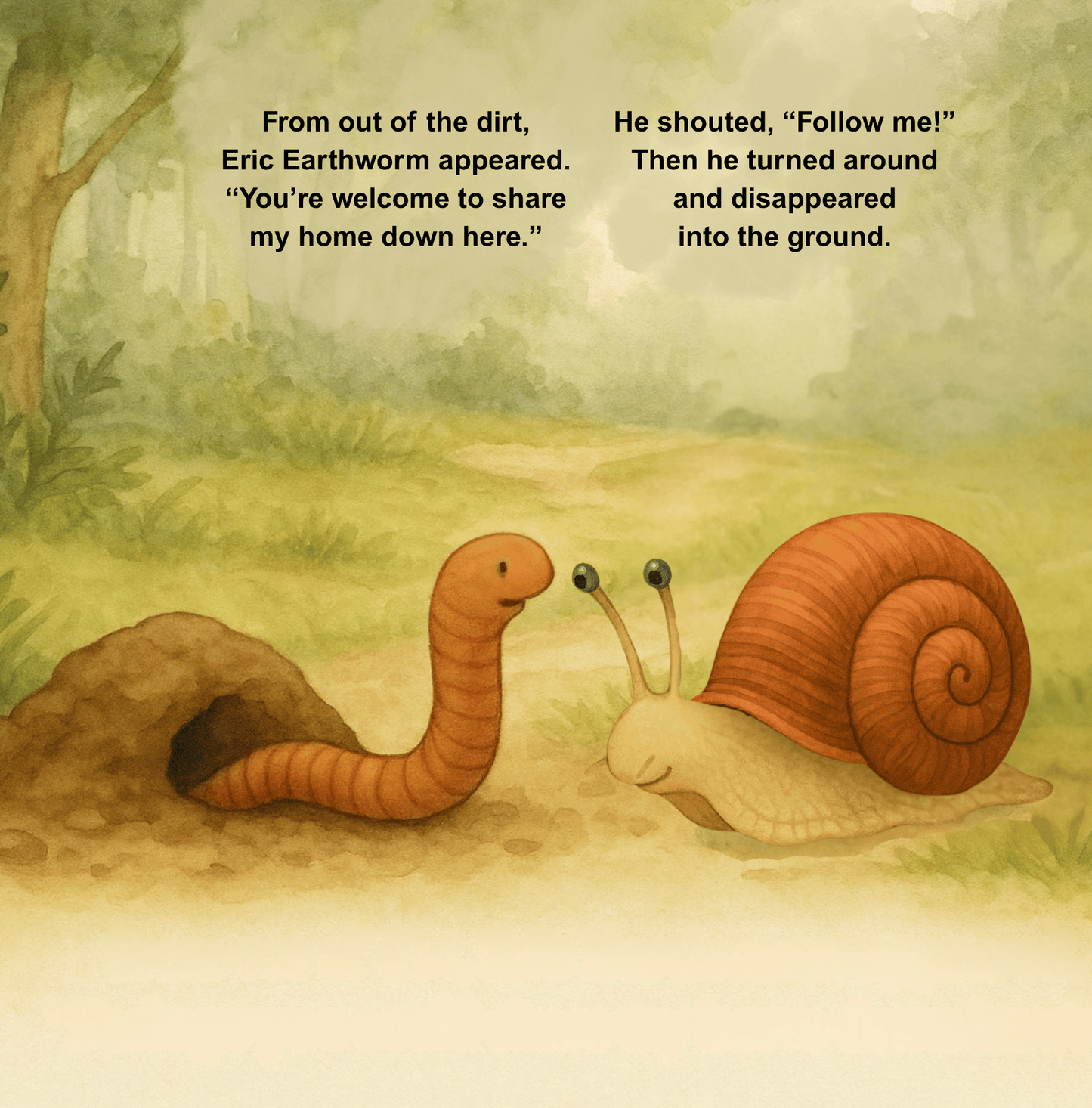 Illustration of an earthworm and a snail with text about Eric Earthworm appearing and disappearing into the ground.