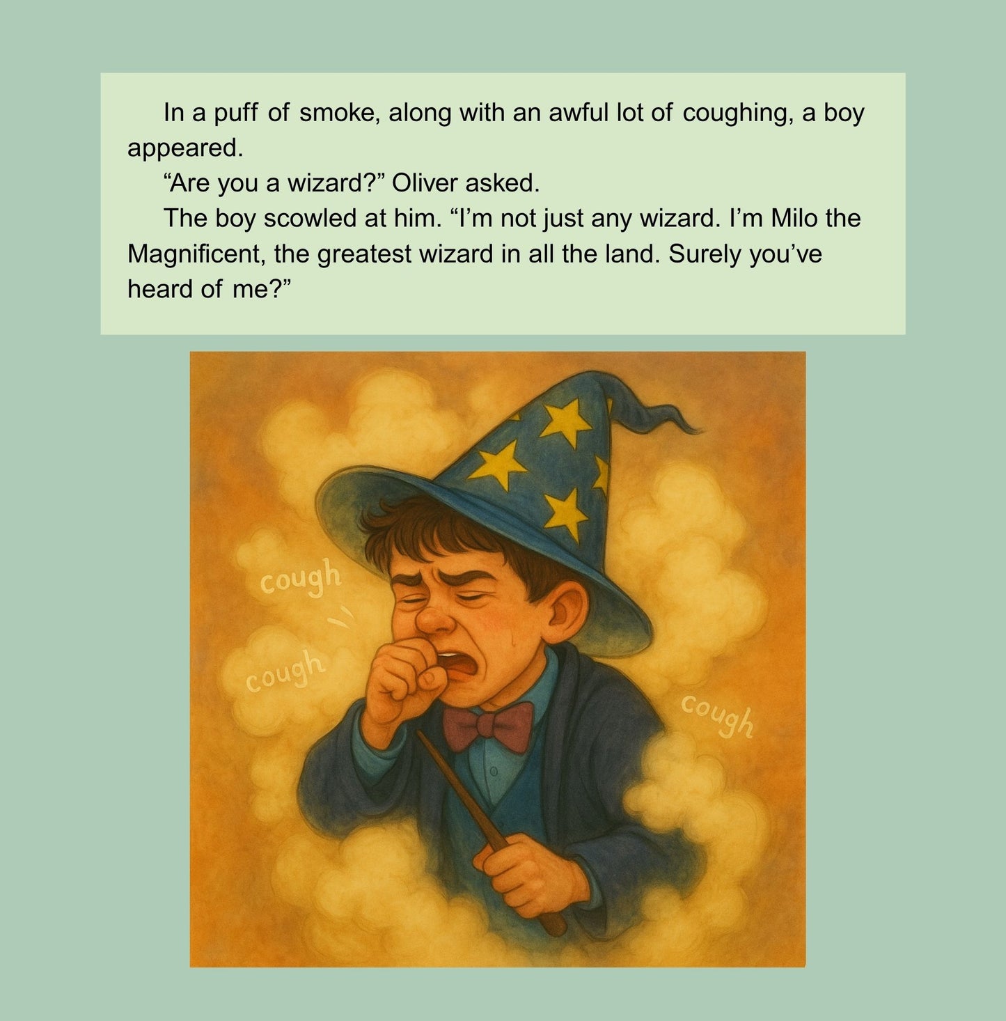 Illustration of a boy in a wizard hat with text about a wizard named Milo.