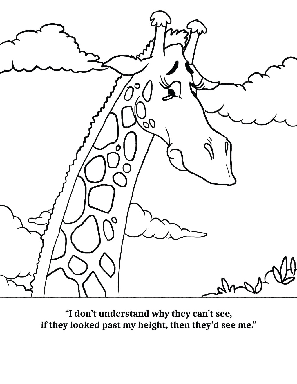 Walk Tall Colouring book Lee Dixon Cher Louise Jones Giraffe Walk Tall by Cher Louise Jones Illustrated by Lee Dixon Bullying Self Esteem Illustrated Picture Book Giraffes Lions Crocodiles Hippos Savanna Kenya children's picture book about giraffes and other African animals