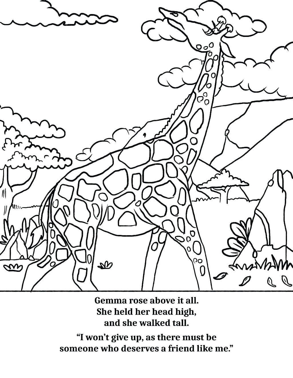 Walk Tall Colouring book Lee Dixon Cher Louise Jones Giraffe Walk Tall by Cher Louise Jones Illustrated by Lee Dixon Bullying Self Esteem Illustrated Picture Book Giraffes Lions Crocodiles Hippos Savanna Kenya children's picture book about giraffes and other African animals
