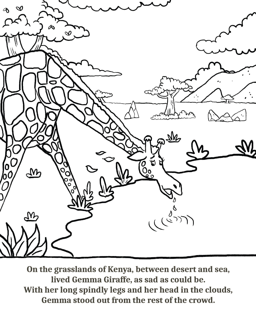 Walk Tall Colouring book Lee Dixon Cher Louise Jones GiraffeWalk Tall by Cher Louise Jones Illustrated by Lee Dixon Bullying Self Esteem Illustrated Picture Book Giraffes Lions Crocodiles Hippos Savanna Kenya children's picture book about giraffes and other African animals