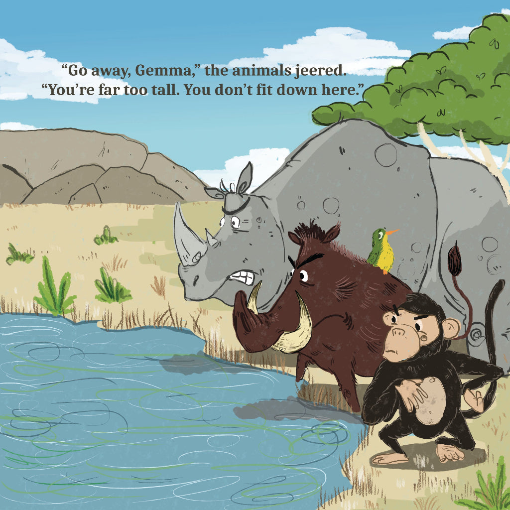 Walk Tall by Cher Louise Jones Illustrated by Lee Dixon Bullying Self Esteem Illustrated Picture Book Giraffes Lions Crocodiles Hippos Savanna Kenya children's picture book about giraffes and other African animals