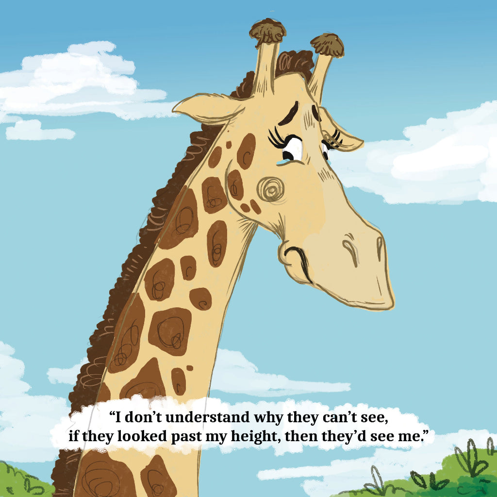 Walk Tall by Cher Louise Jones Illustrated by Lee Dixon Bullying Self Esteem Illustrated Picture Book Giraffes Lions Crocodiles Hippos Savanna Kenya children's picture book about giraffes and other African animals