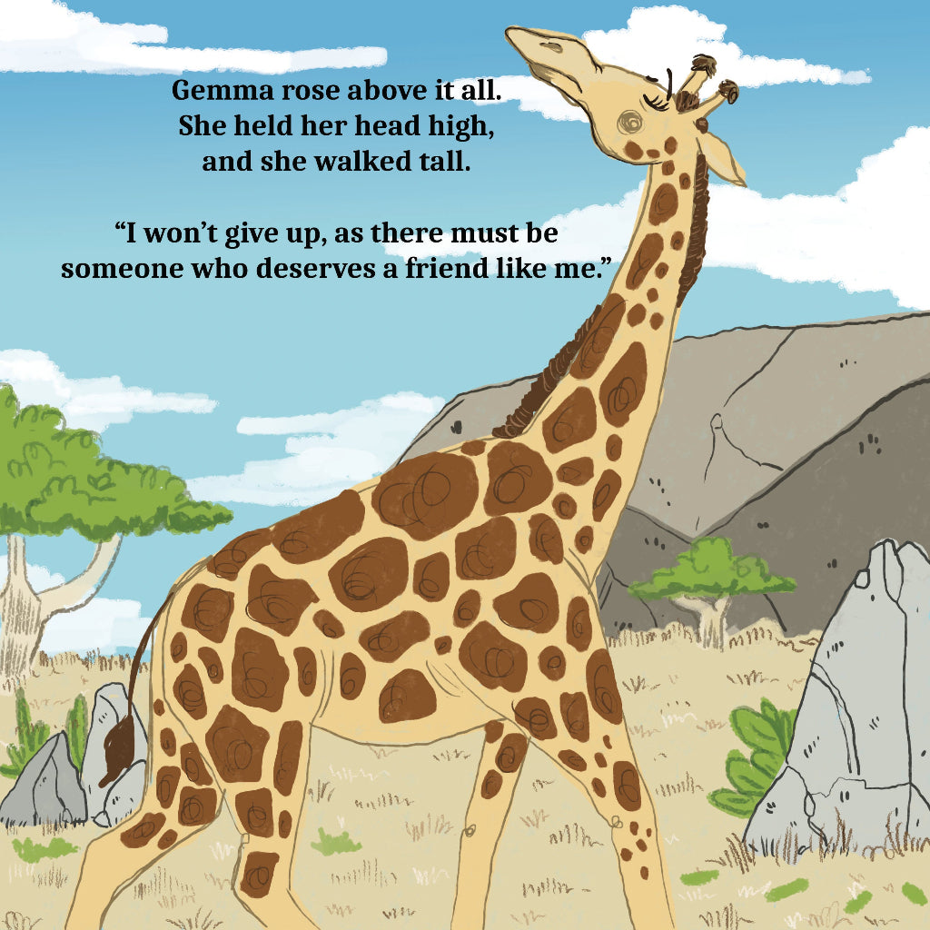 Walk Tall by Cher Louise Jones Illustrated by Lee Dixon Bullying Self Esteem Illustrated Picture Book Giraffes Lions Crocodiles Hippos Savanna Kenya children's picture book about giraffes and other African animals