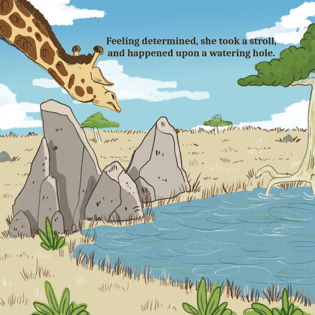 Walk Tall by Cher Louise Jones Illustrated by Lee Dixon Bullying Self Esteem Illustrated Picture Book Giraffes Lions Crocodiles Hippos Savanna Kenya children's picture book about giraffes and other African animals