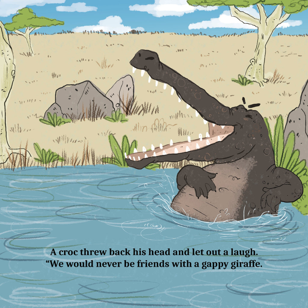 Walk Tall by Cher Louise Jones Illustrated by Lee Dixon Bullying Self Esteem Illustrated Picture Book Giraffes Lions Crocodiles Hippos Savanna Kenya children's picture book about giraffes and other African animals