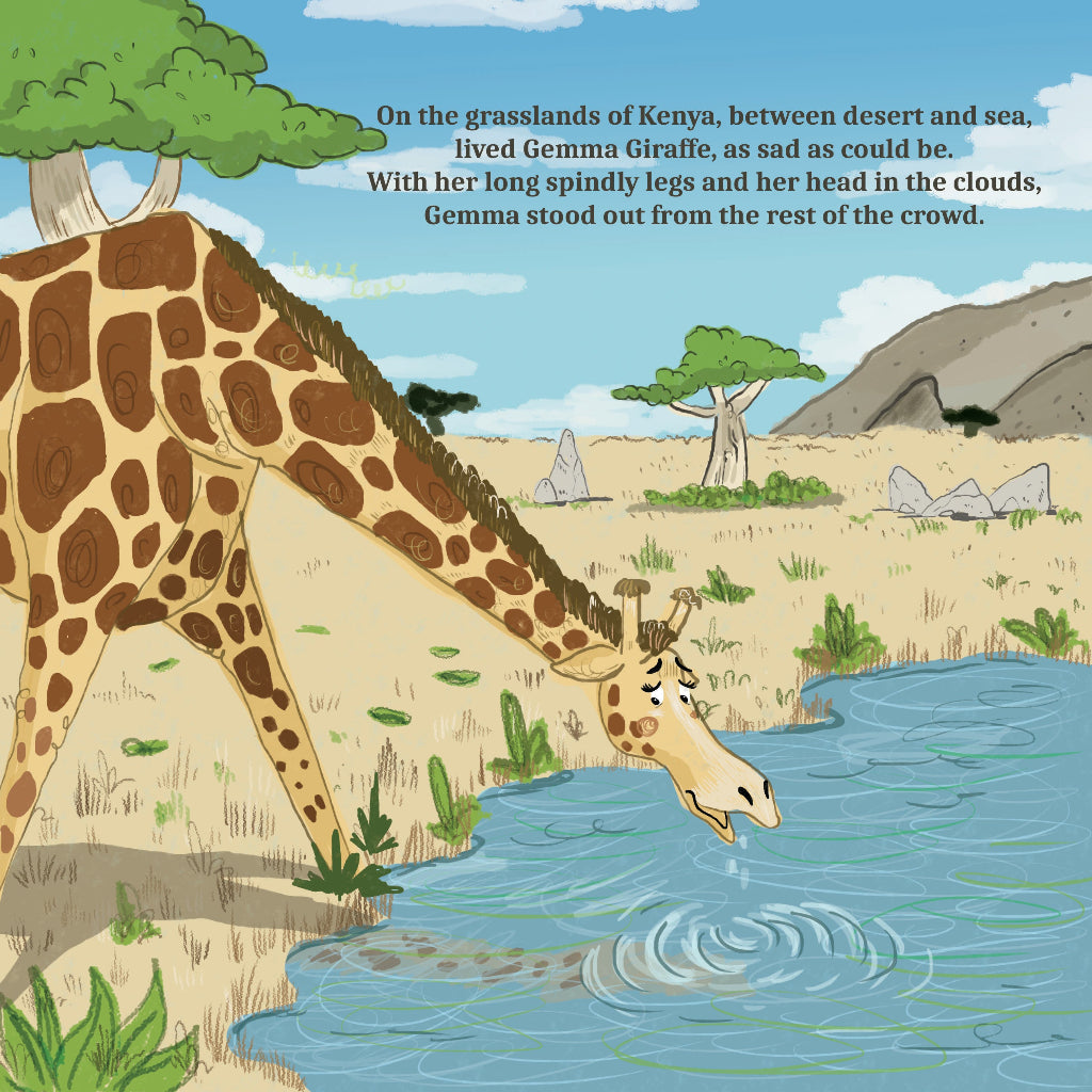Walk Tall by Cher Louise Jones Illustrated by Lee Dixon Bullying Self Esteem Illustrated Picture Book Giraffes Lions Crocodiles Hippos Savanna Kenya children's picture book about giraffes and other African animals