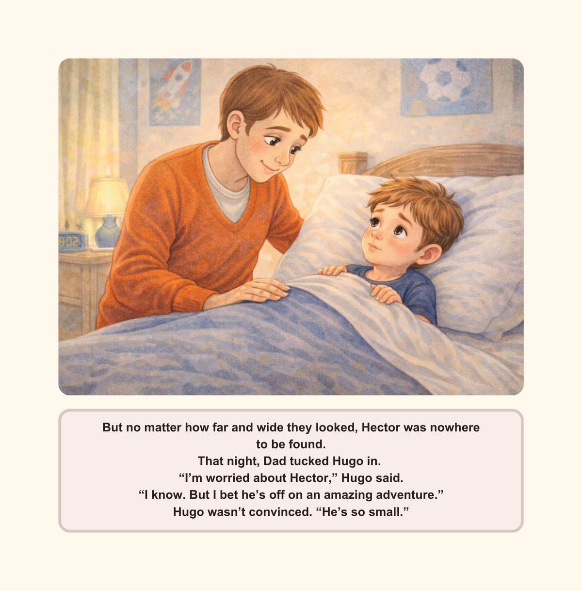Illustration of a father tucking a child into bed with a bedtime story text below.