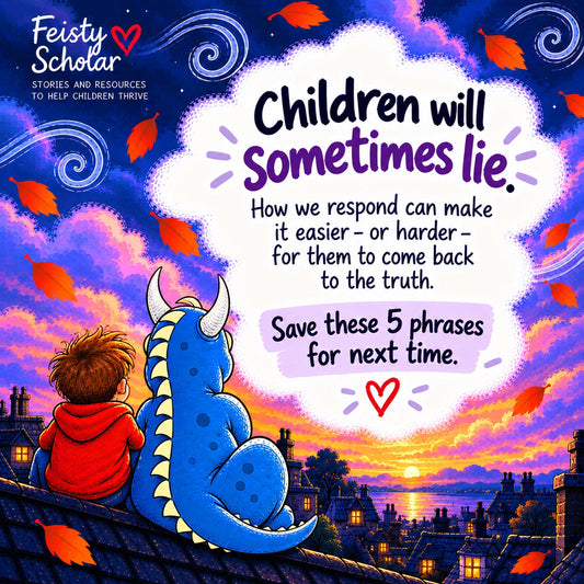 The Storm Dragon and a child looking towards the sunset, introducing five phrases that encourage honesty