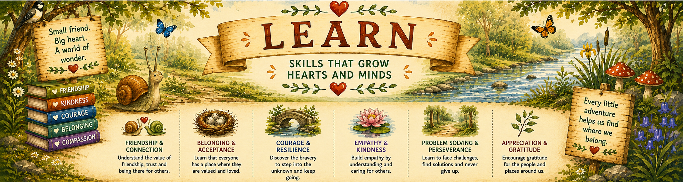 Educational banner with nature-themed elements and text about learning skills.
