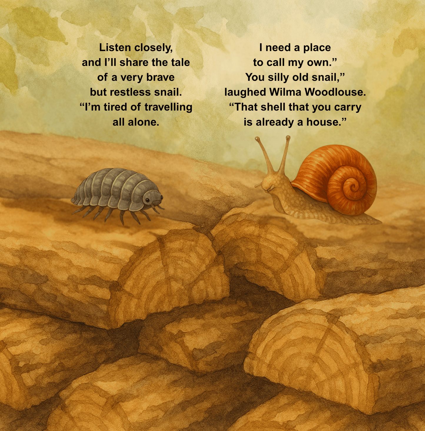 Illustration of a pillbug and a snail on rocks with text about sharing a place to call home.