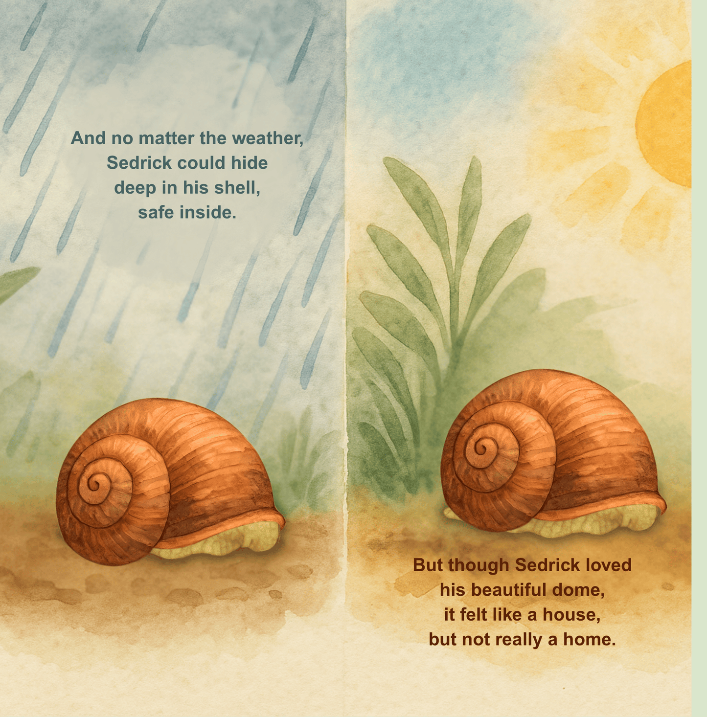 Illustration of a snail in its shell with text about weather and feeling like a home.