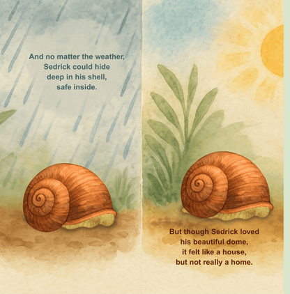 Illustration of a snail in its shell with text about weather and feeling like a home.