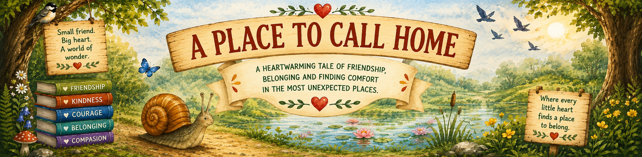 Book cover with a snail, books, and nature elements, featuring text about a place to call home.