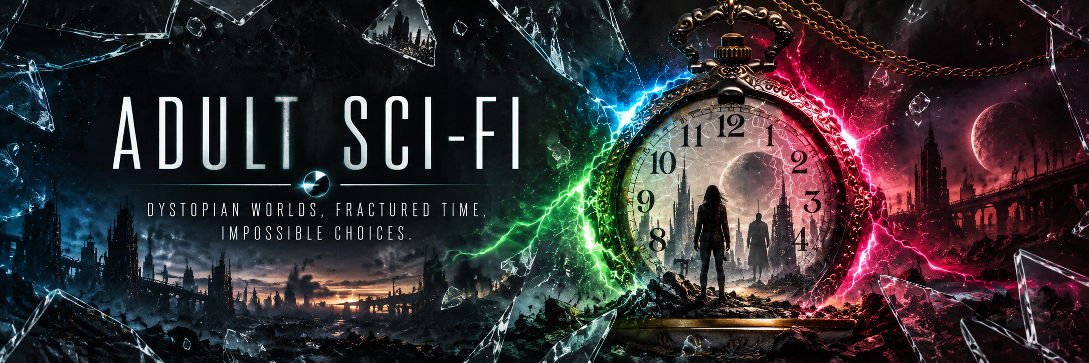 Promotional artwork for 'Adult Sci-Fi' featuring a large ornate pocket watch with a silhouetted figure in front, cracked glass across the scene, and dramatic multicolor energy effects in blue, green, and pink over a dark futuristic cityscape.