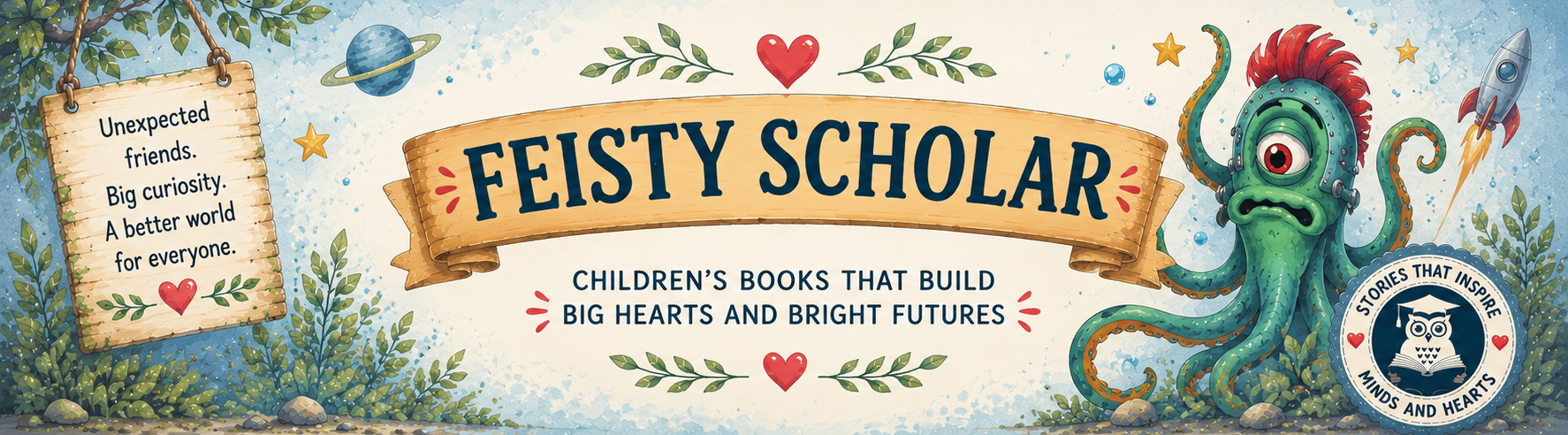 Promotional banner for 'Feisty Scholar' children's books with a cartoon octopus and text about building big hearts and bright futures.