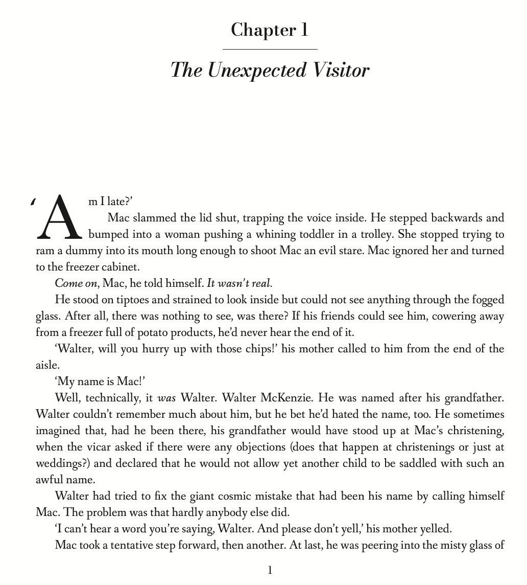 Book page with text from a story titled 'The Unexpected Visitor' in Chapter 1.