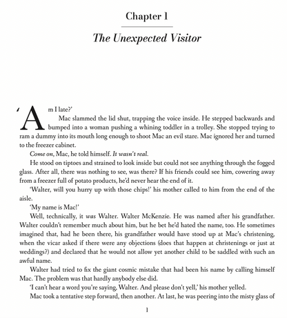 Book page with text from a story titled 'The Unexpected Visitor' in Chapter 1.