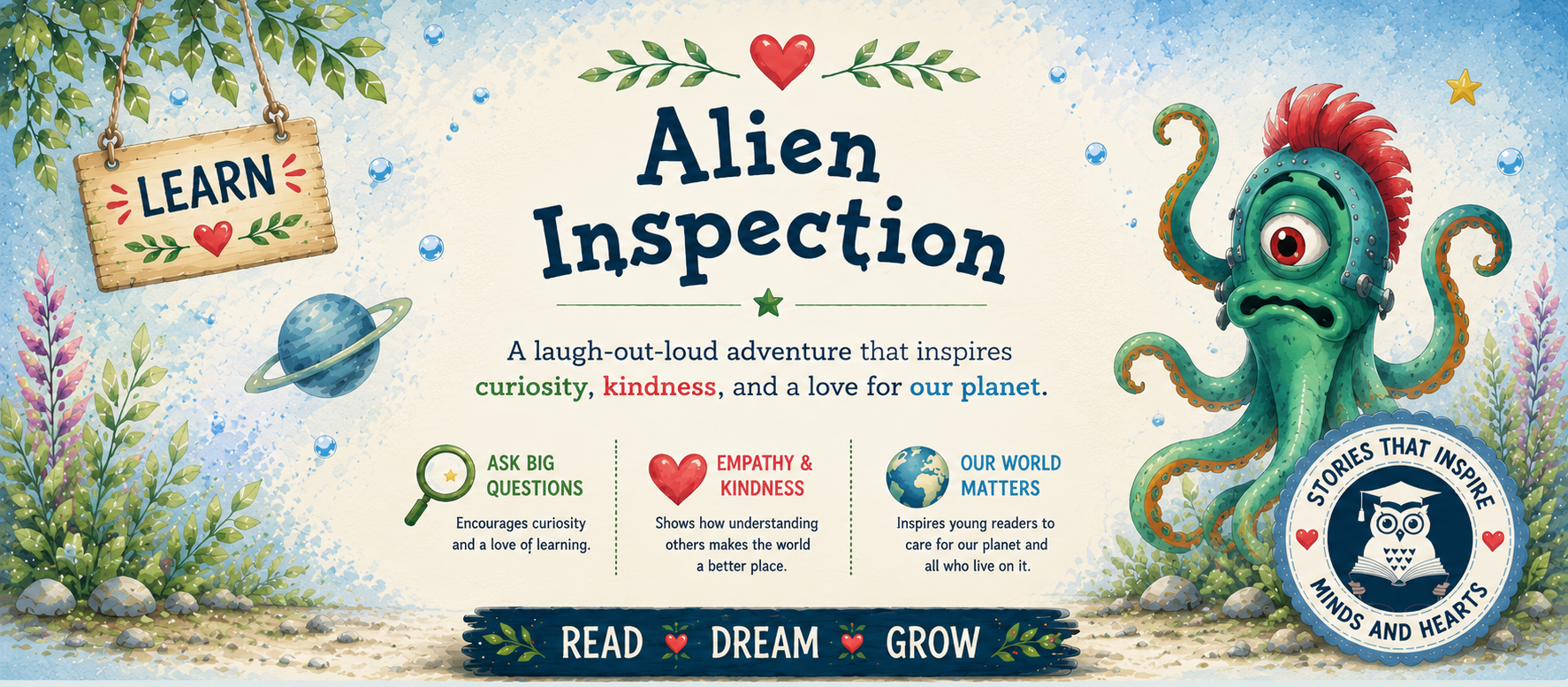 Book cover of 'Alien Inspection' with a colorful alien character and educational elements.