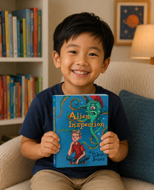 Child holding a book titled 'Alien Inspection' in a cozy room with books and a lamp.