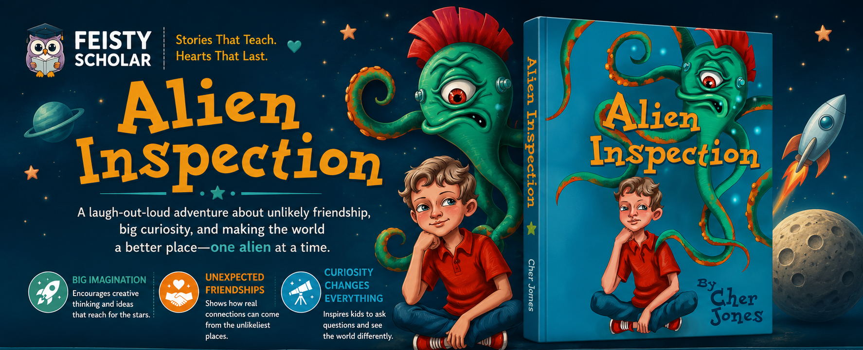 Book titled 'Alien Inspection' by Feisty Scholar with a colorful cover featuring an alien and a child.