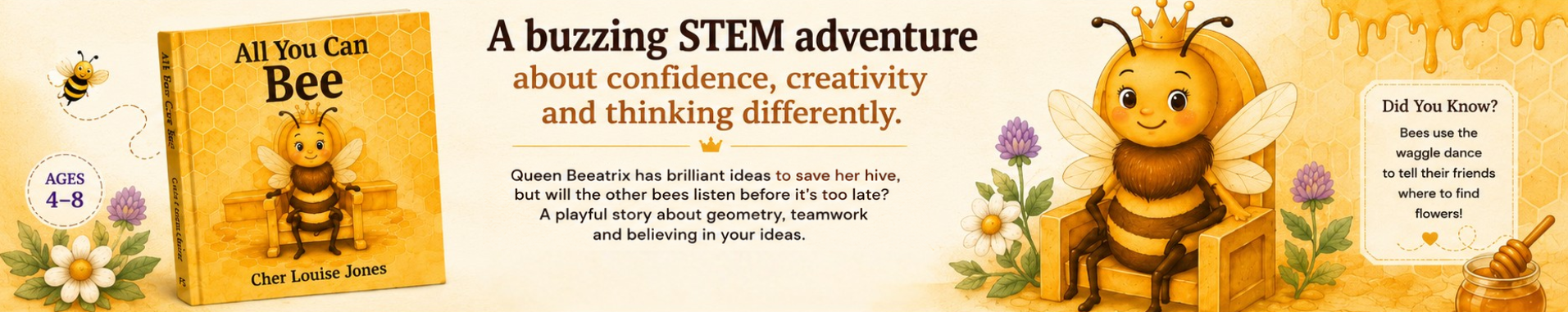 Book cover of 'All You Can Bee' with a bee character and text about a STEM adventure.