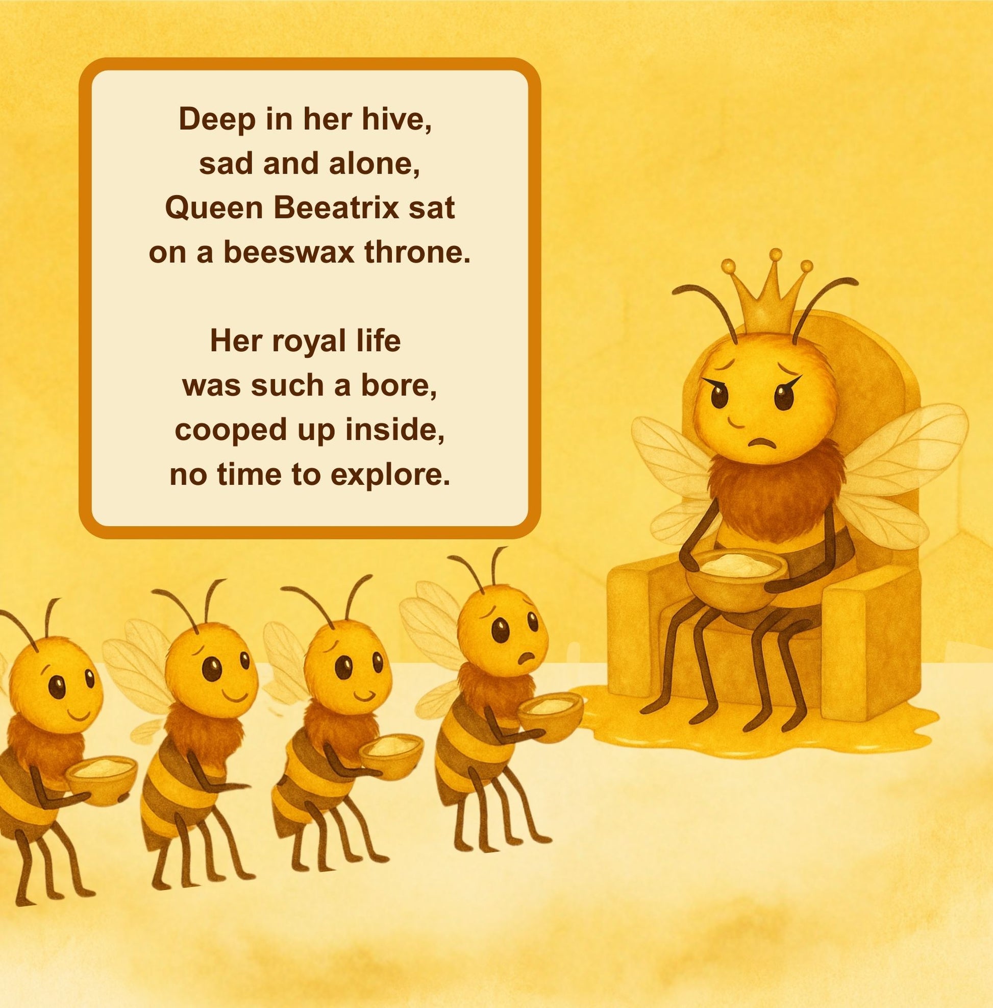 Cartoon queen bee sitting on a throne with bees around, set against a yellow background.