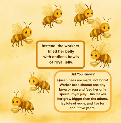 Illustration of bees with text about royal jelly and queen bee facts on a yellow background.