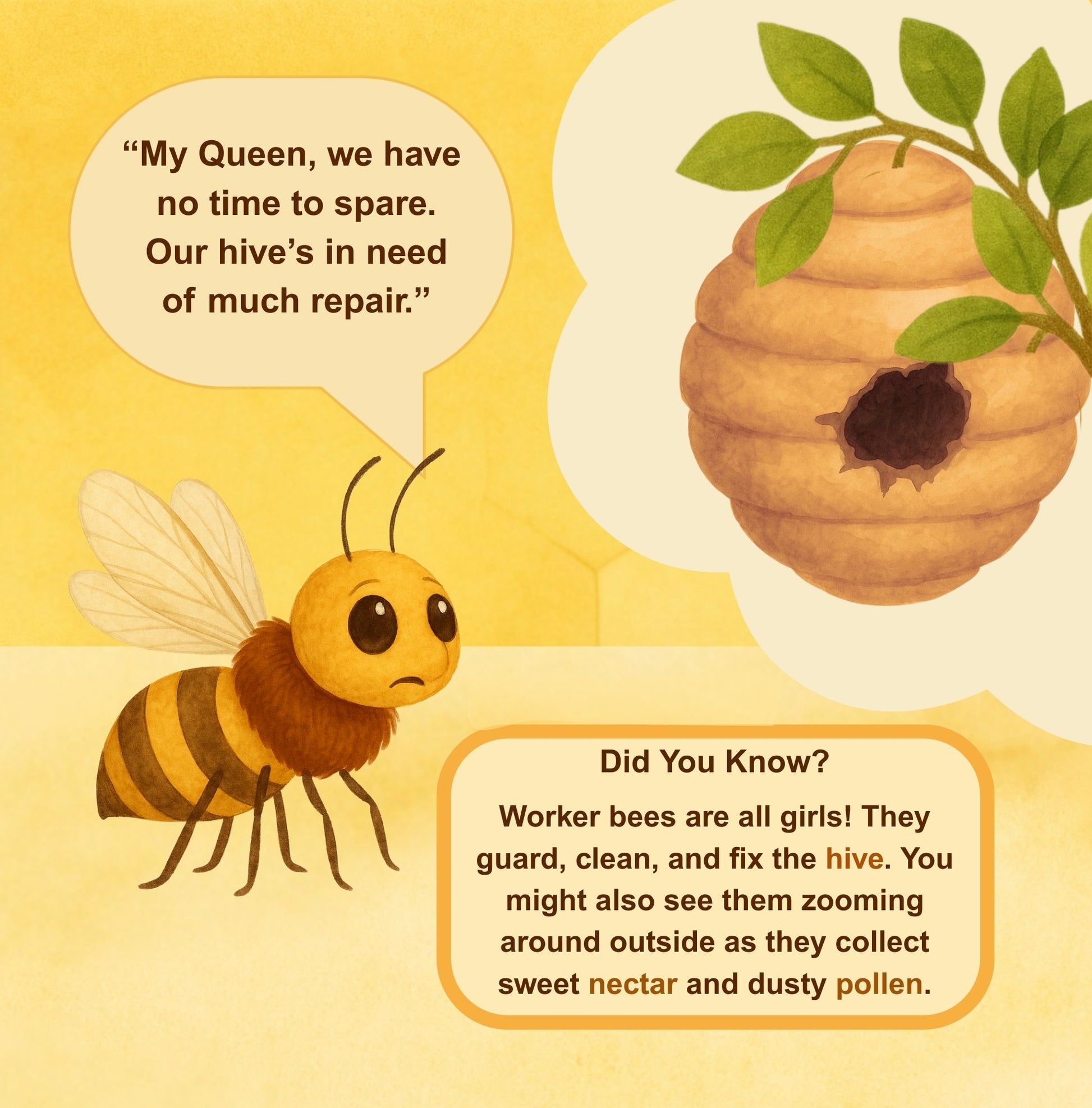 Illustration of a bee and a beehive with text about worker bees and their duties.