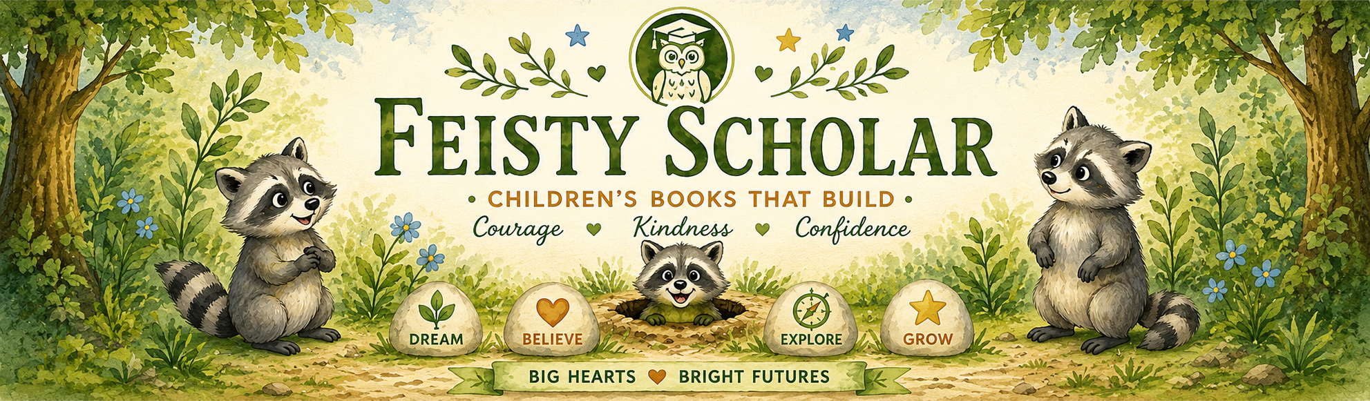 Feisty Scholar branding with raccoons in a forest setting