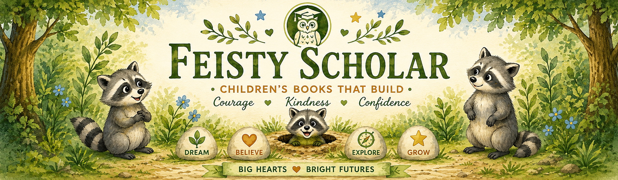 Feisty Scholar branding with raccoons in a forest setting