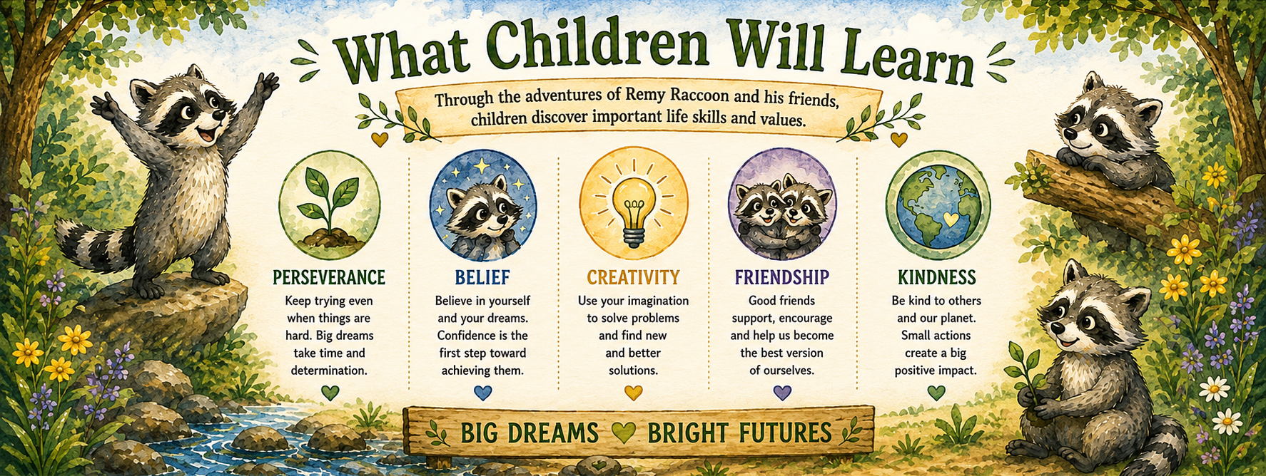 Educational poster with raccoons and developmental milestones on a natural background