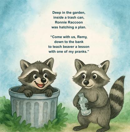 Illustration of two raccoons in a garden with text about Ronnie Raccoon planning pranks.