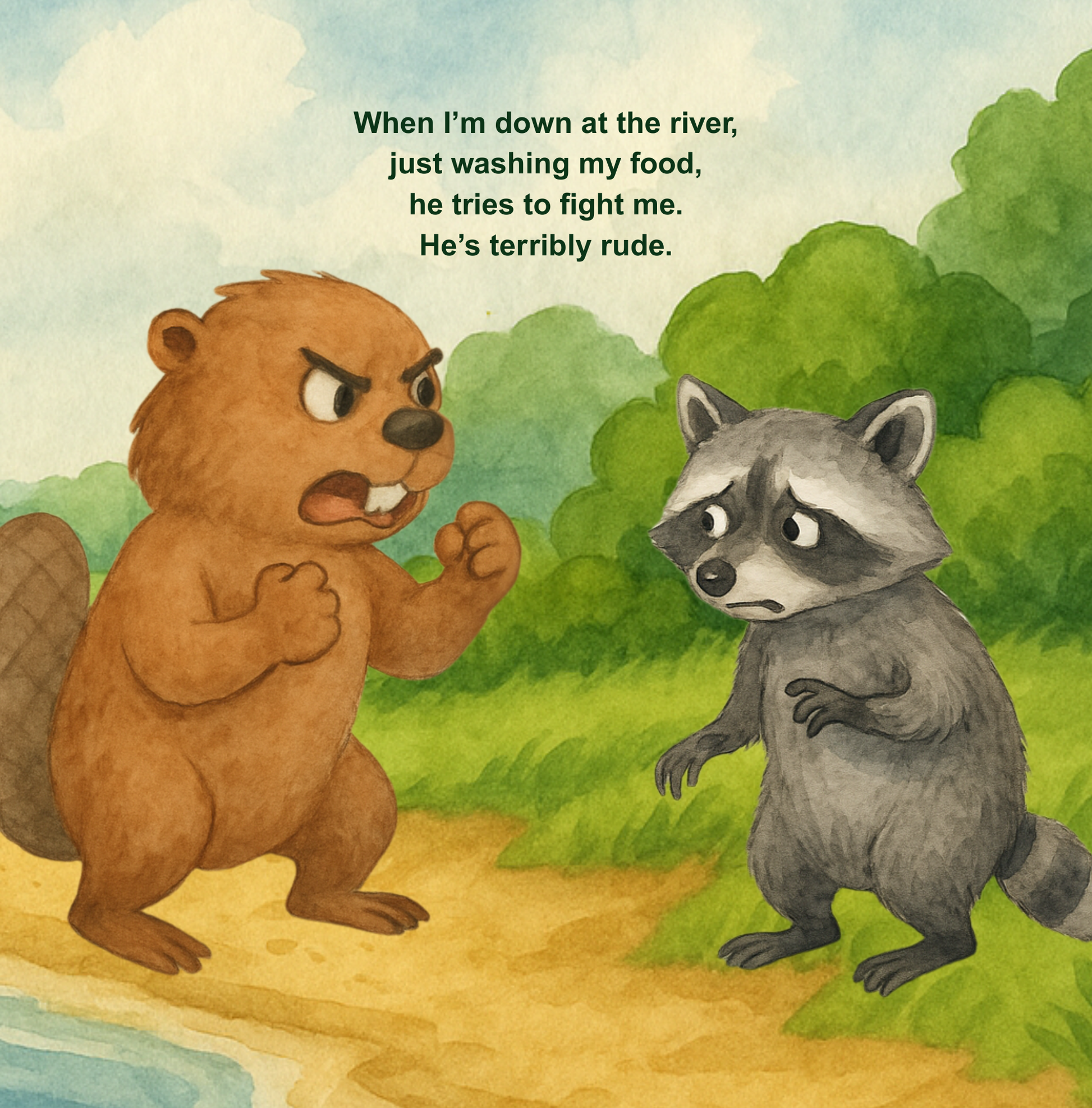 Illustration of a beaver and a raccoon having a conversation with text about rudeness.