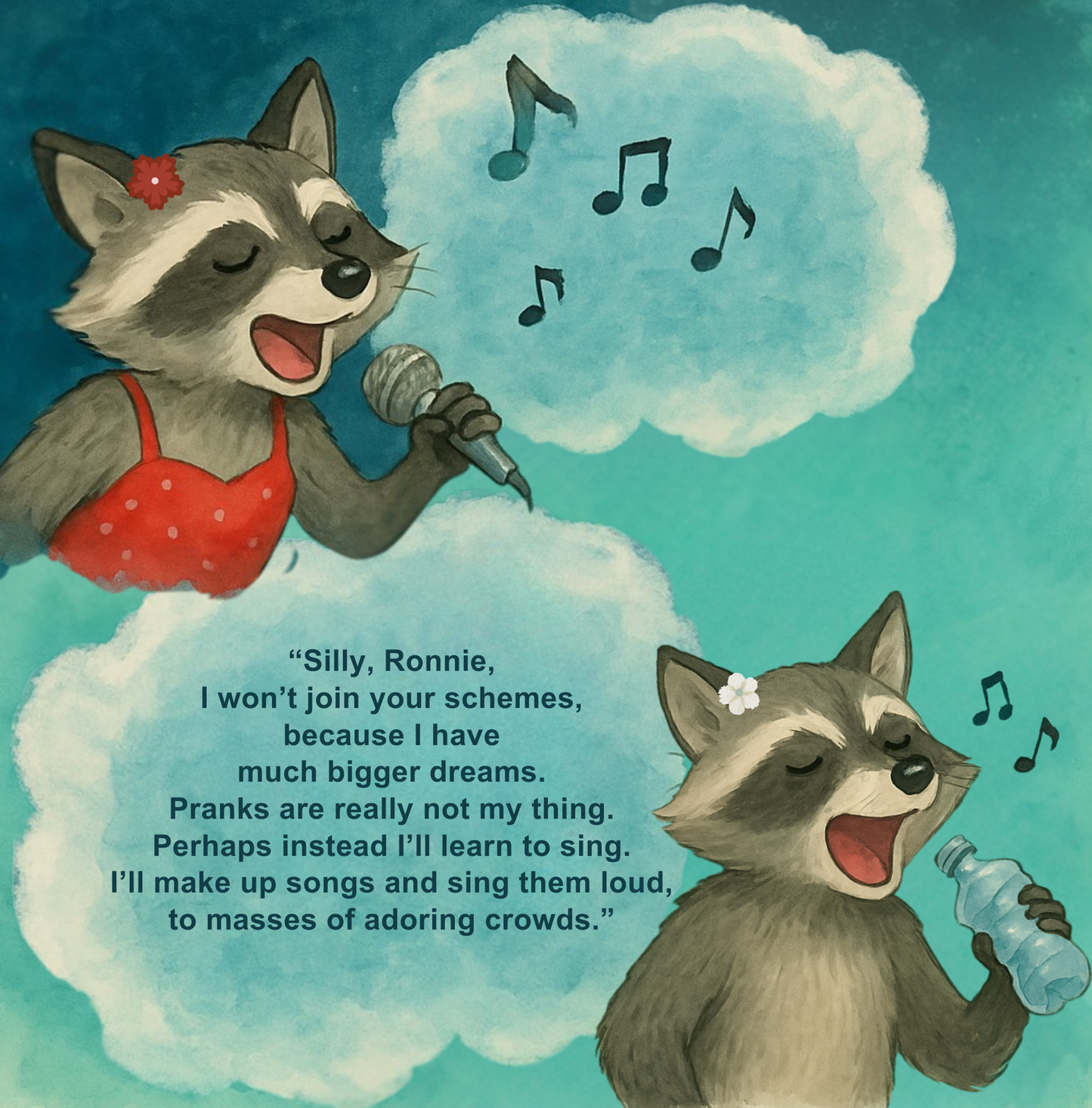 Two raccoons singing with musical notes and a cloud of text on a teal background