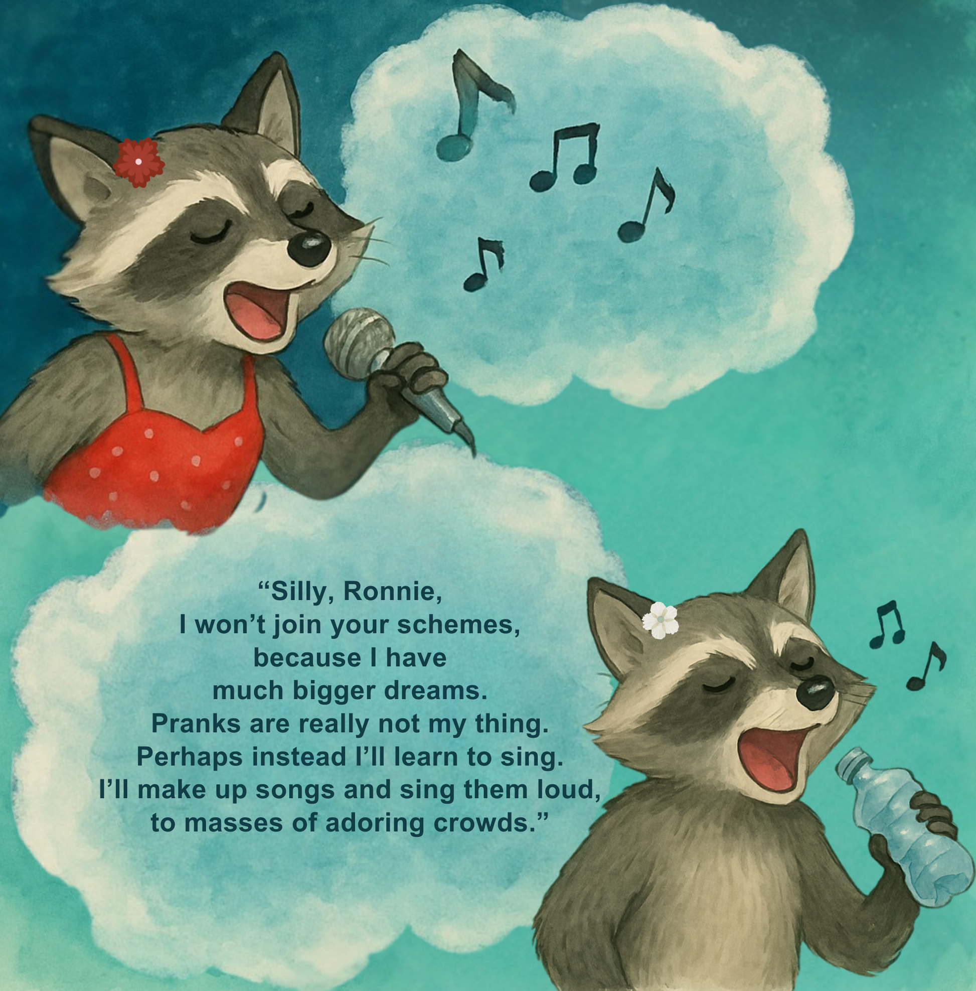 Two raccoons singing with musical notes and a cloud of text on a teal background