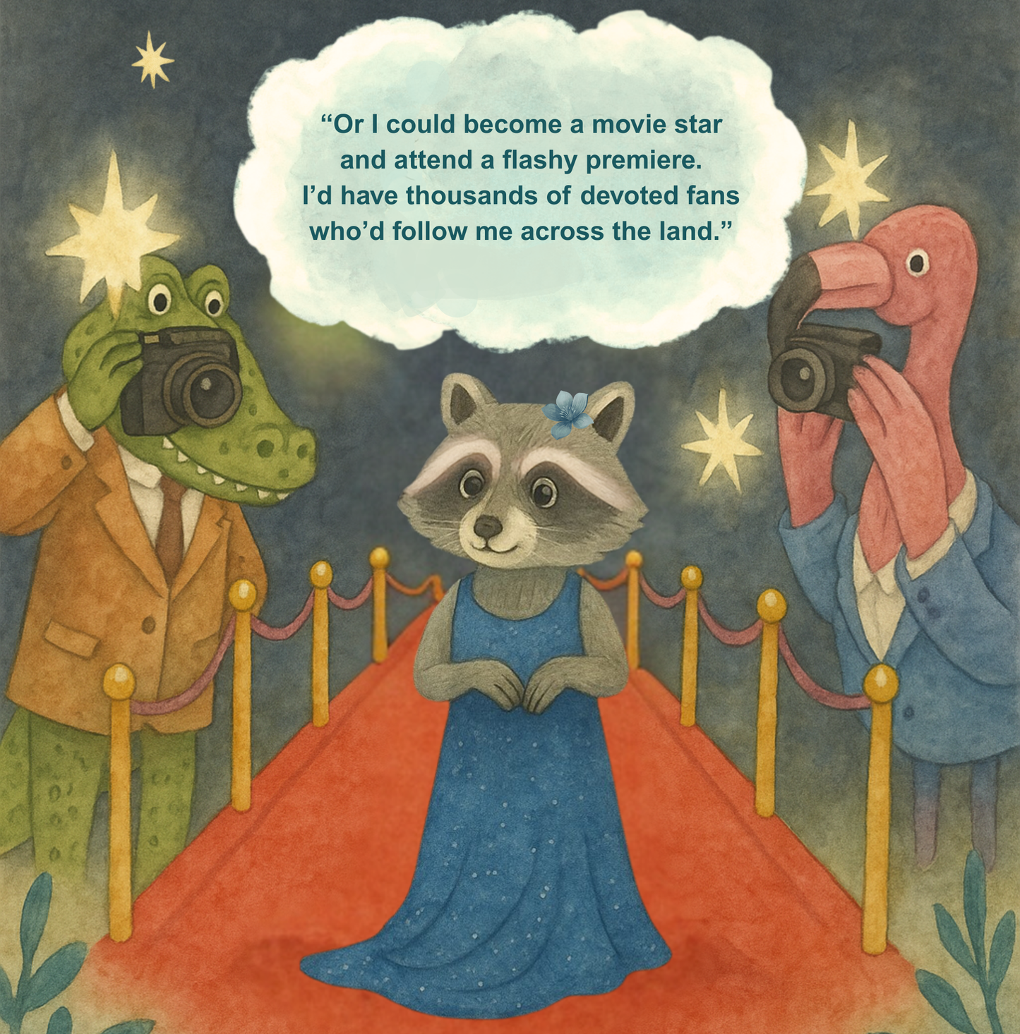 Illustration of a raccoon on a red carpet with a frog and a toucan taking photos, with text about becoming a movie star.