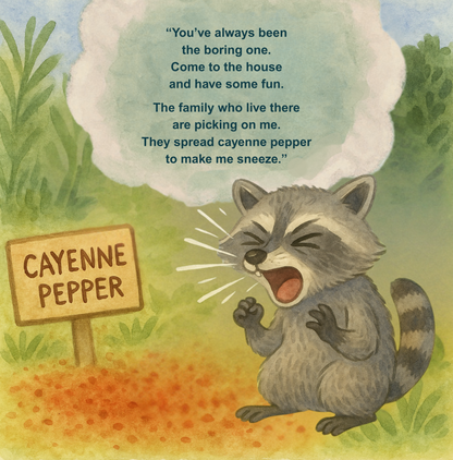 Illustration of a raccoon with a cloud of cayenne pepper smoke and a sign saying 'Cayenne Pepper'.