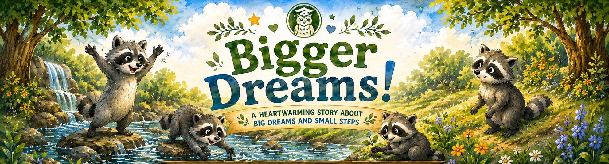 Promotional banner for 'Bigger Dreams!' with raccoons in a forest setting.