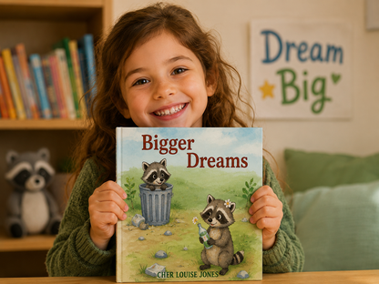 Child holding a book titled 'Bigger Dreams' with raccoon illustrations, in a room with books and a 'Dream Big' sign.