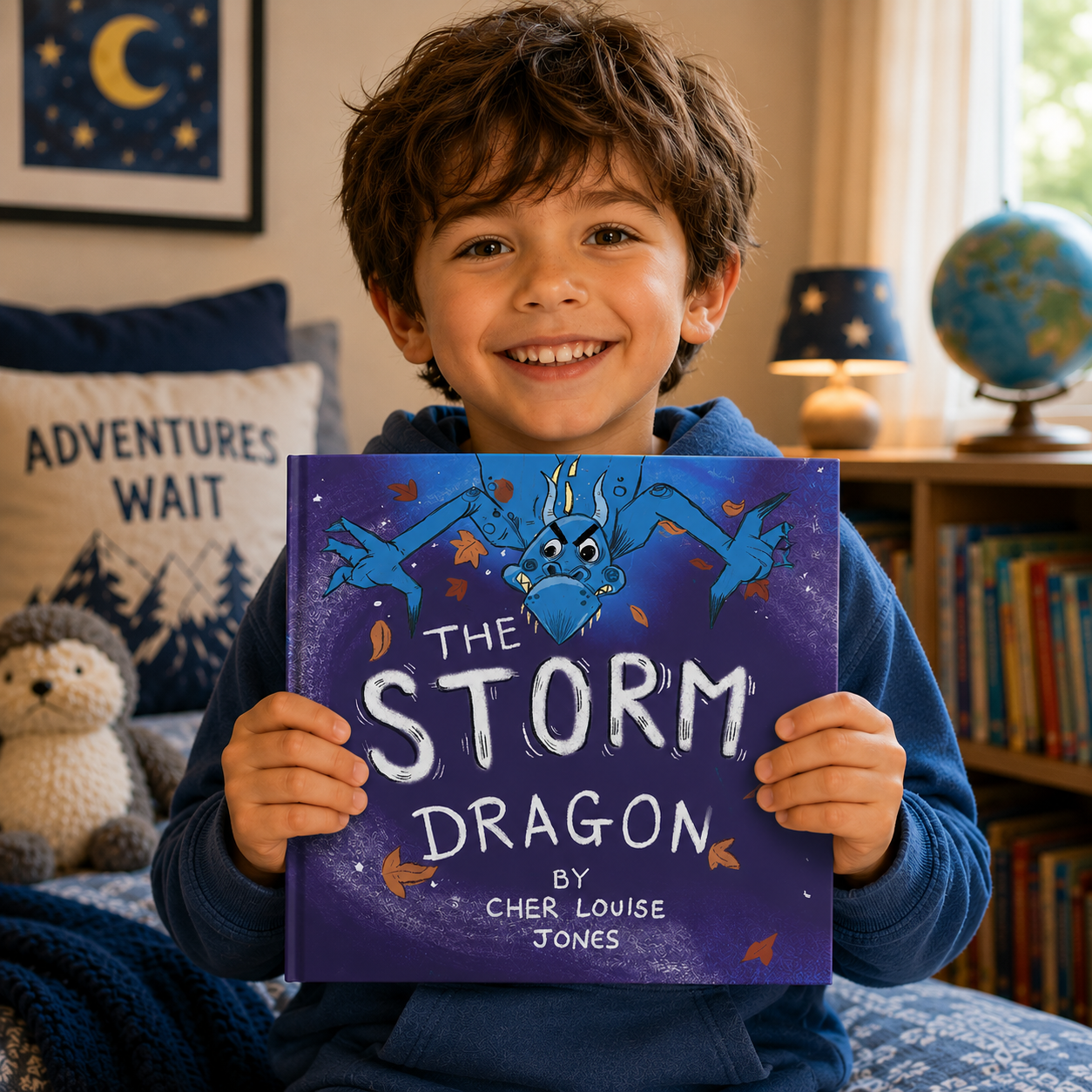 Child holding a book titled 'The Storm Dragon' in a cozy room with books and a globe.