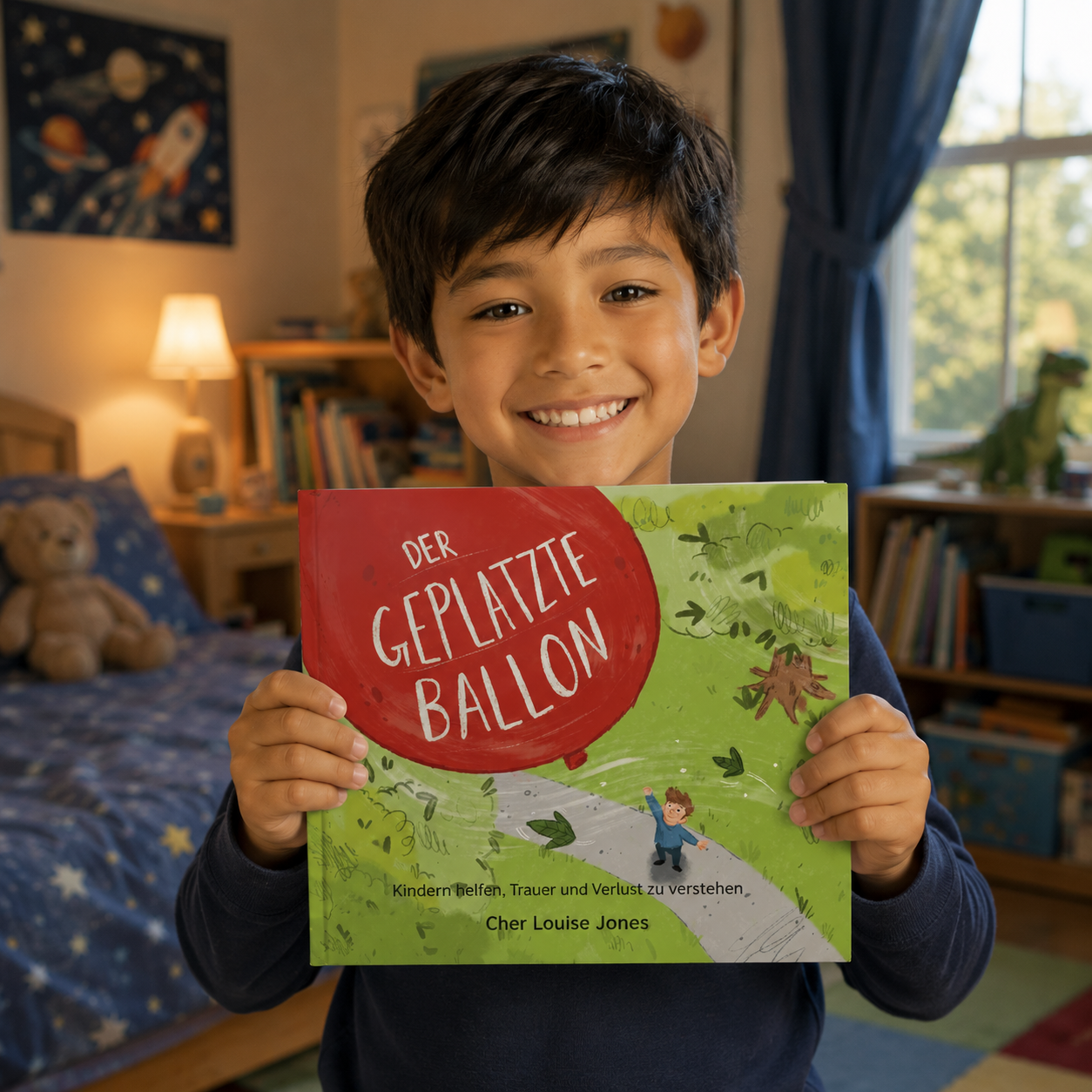 Child holding a book titled 'Der Geplatzte Ballon' in a room with books and a teddy bear.