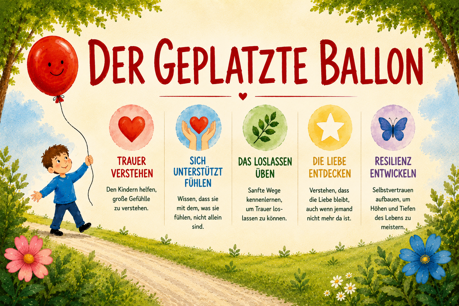 Children's book cover titled 'Der Geplatzte Ballon' with a boy holding a balloon and various icons and text on a nature-themed background.