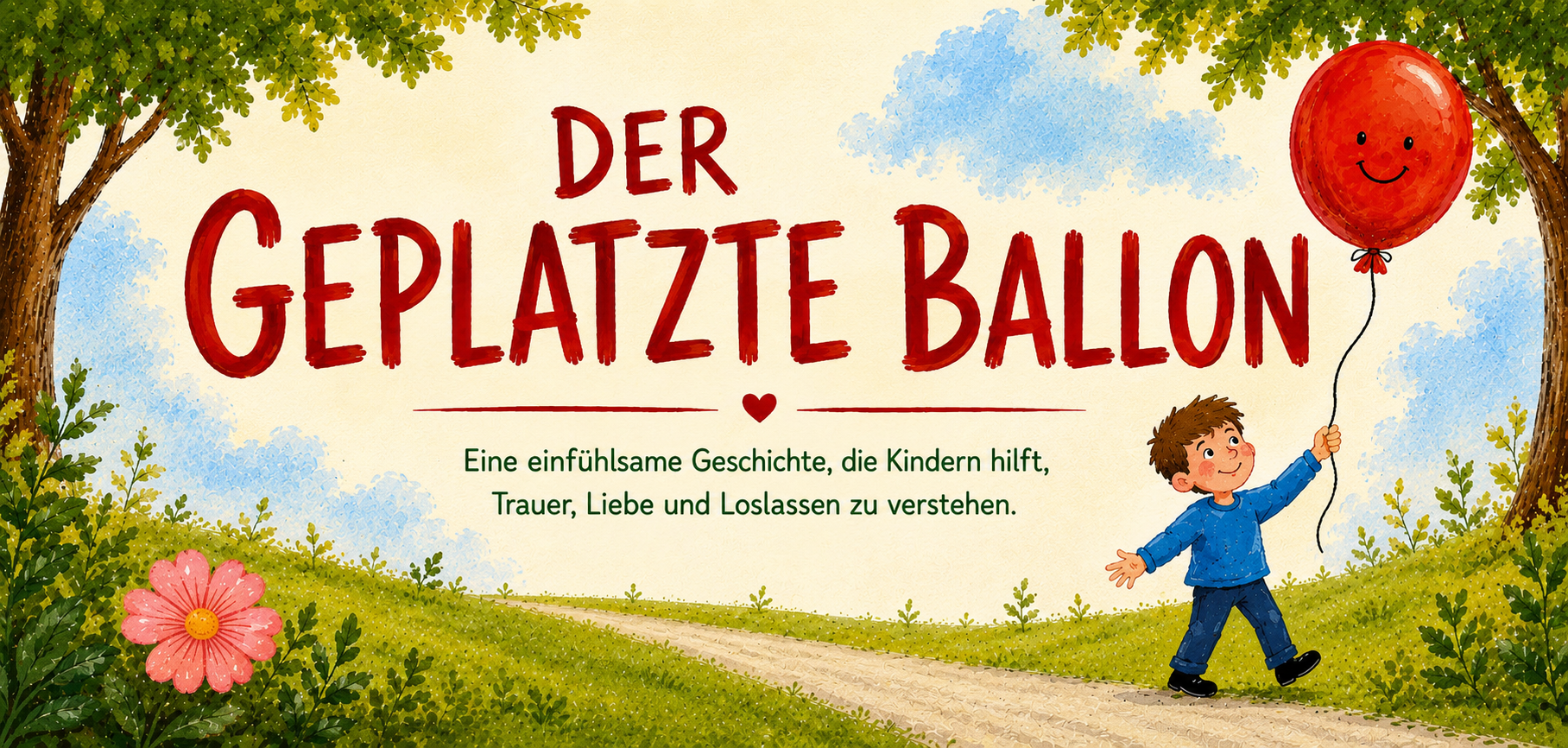 Children's book cover with a boy holding a red balloon, set against a scenic background with trees and flowers.