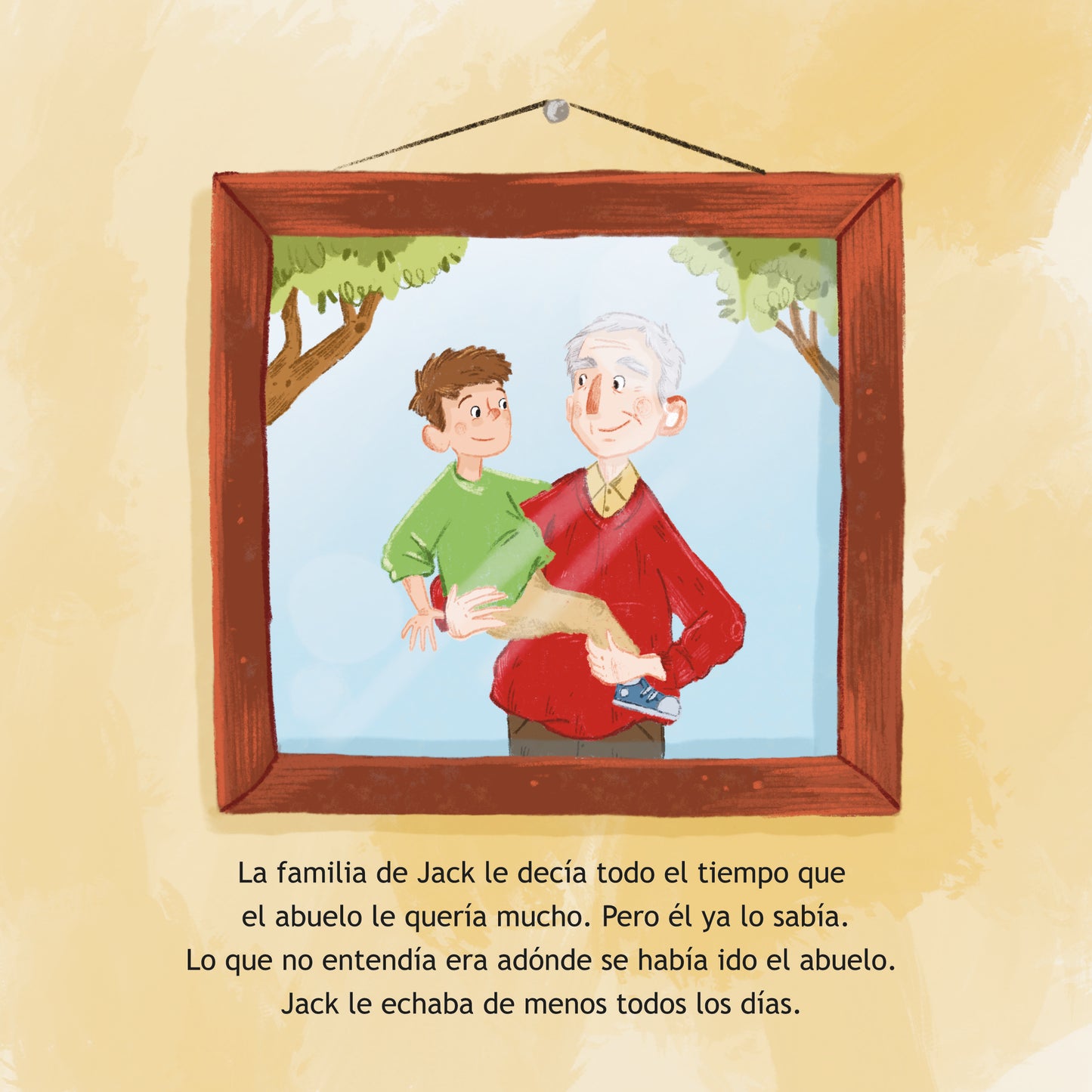 Illustration of a grandfather and grandson in a wooden frame on a yellow background with text.