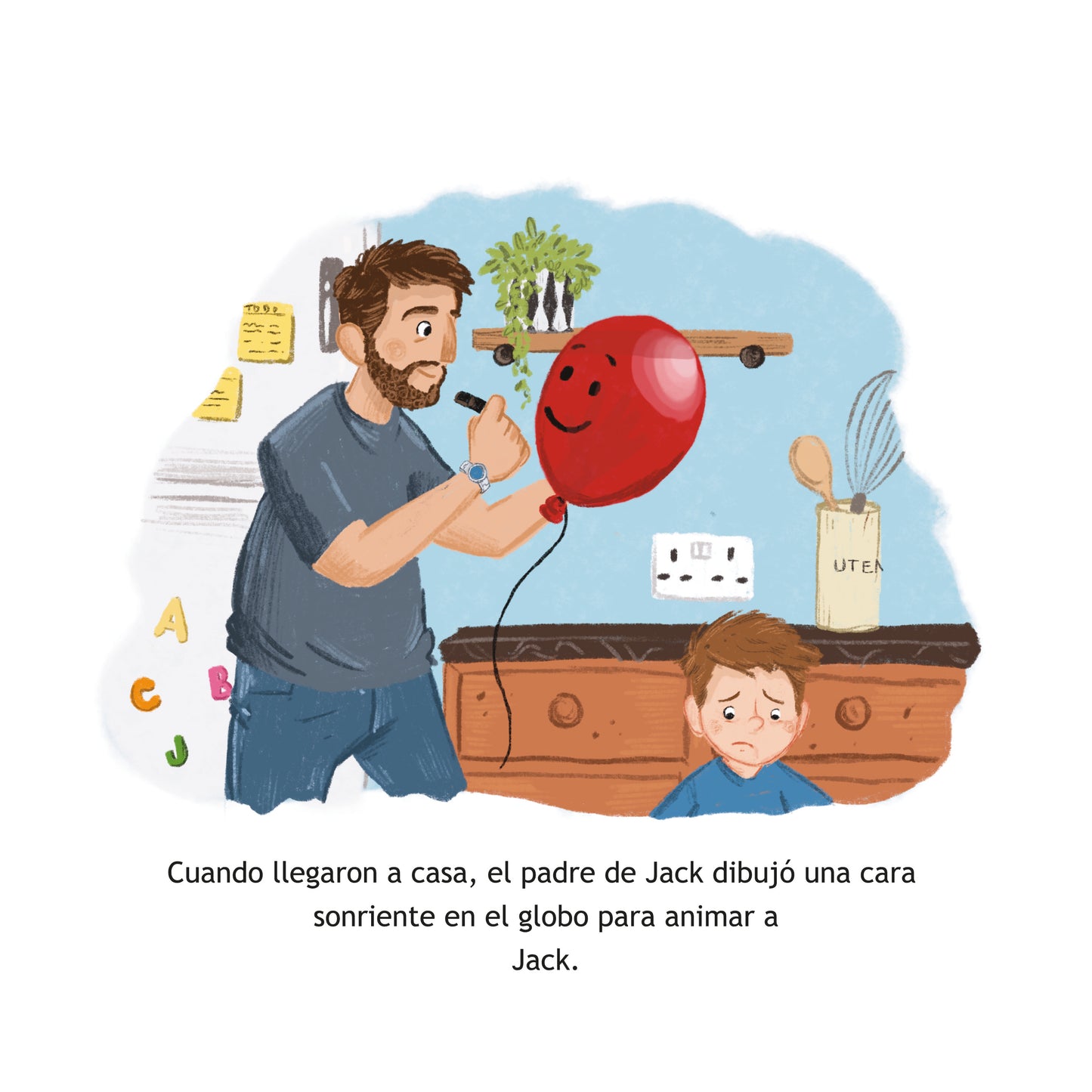 Illustration of a man inflating a balloon with a smiling face, with a child looking on.