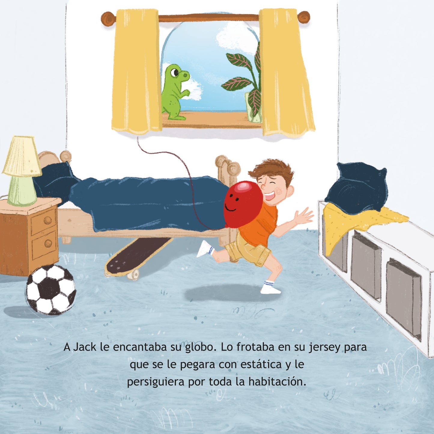 Illustration of a child playing with a balloon in a bedroom.