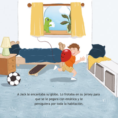 Illustration of a child playing with a balloon in a bedroom.