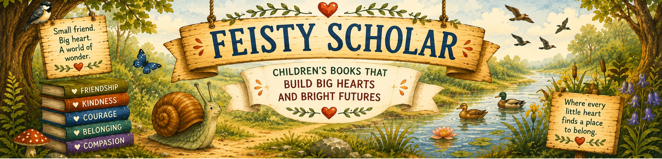 Banner for 'Feisty Scholar' with a scenic background and text about children's books.