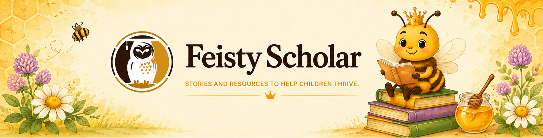 Feisty Scholar logo with a bee character reading a book, surrounded by flowers and honeycomb on a yellow background.